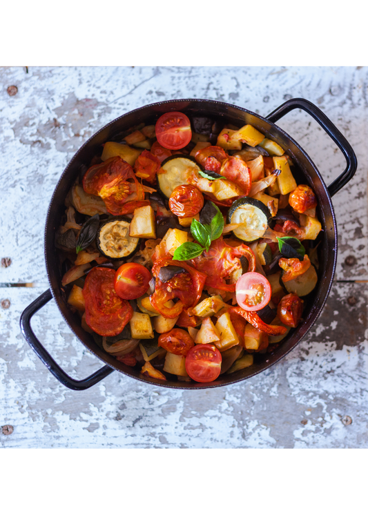 Herby Ratatouille w/Roasted Red Pepper Lentil Sauce